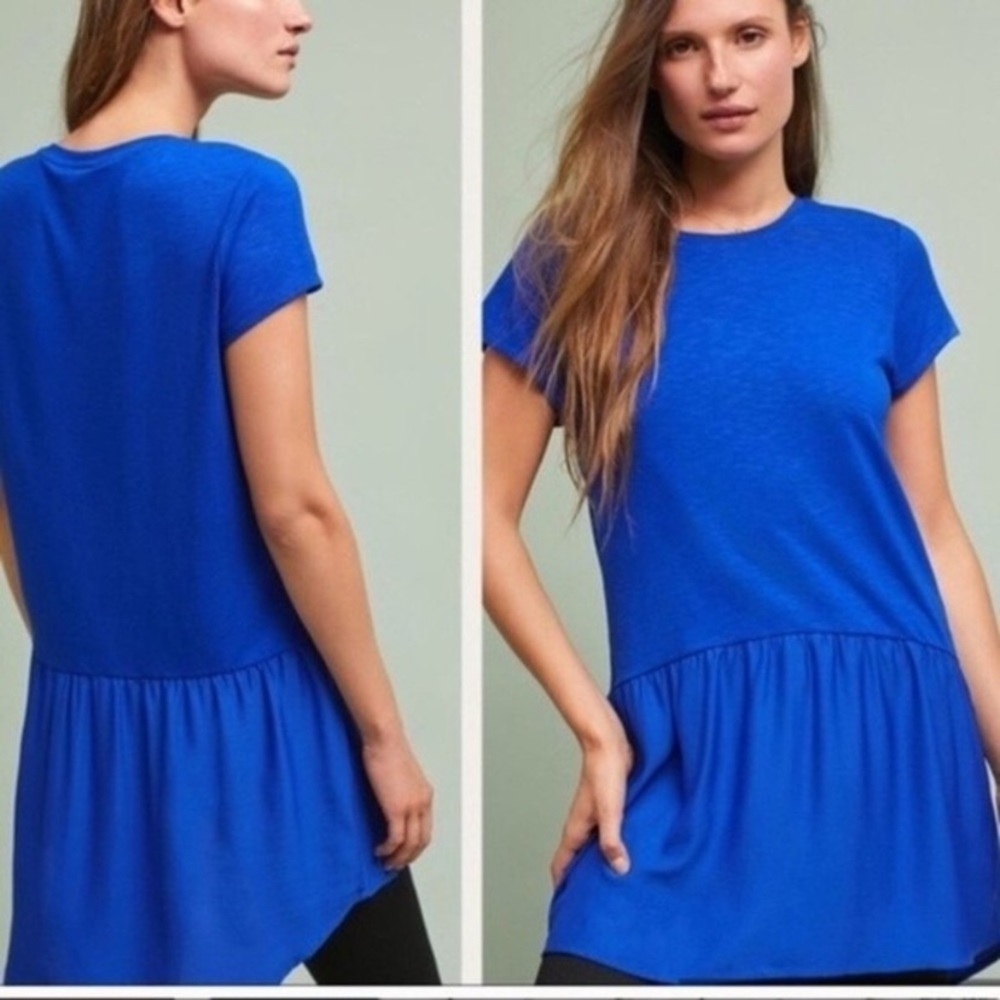 Anthropologie Dolan Crew Neck Short Sleeve Royal Blue Stretch Tunic Top Size XS